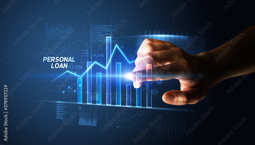 Hand touching PERSONAL LOAN button, business concept Hand touching PERSONAL LOAN button, business concept