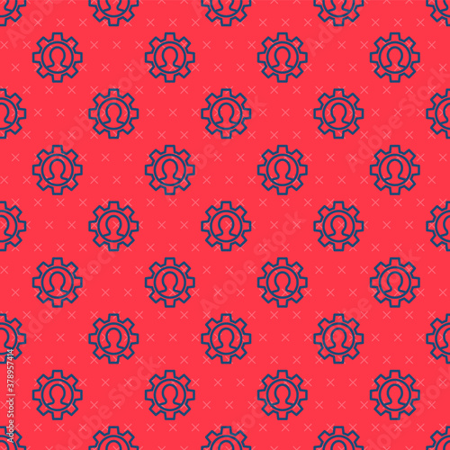 Blue line Human with gear icon isolated seamless pattern on red background. Artificial intelligence. Thinking brain sign. Symbol work of brain. Vector.