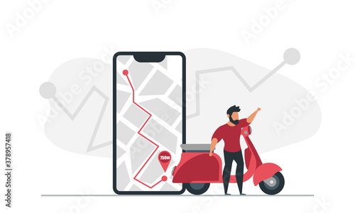 A man on a scooter uses a navigator on his phone to get to his destination vector illustration