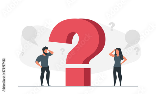 The man and the woman are thinking about problems. People and their questions concept vector illustration