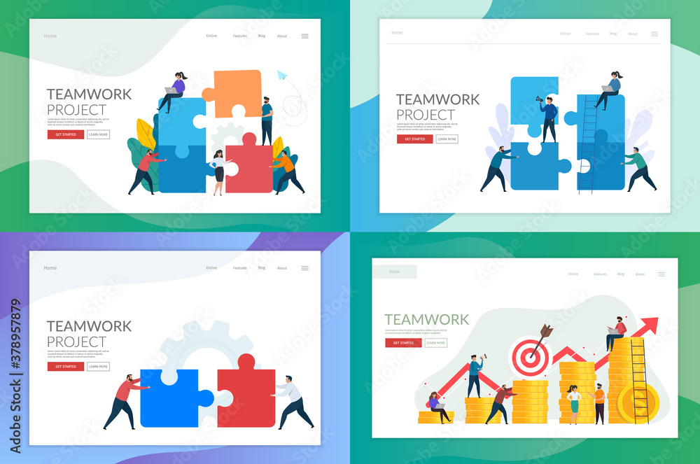 Set of landing page template for teamwork concept design. Business metaphor. Vector illustration.