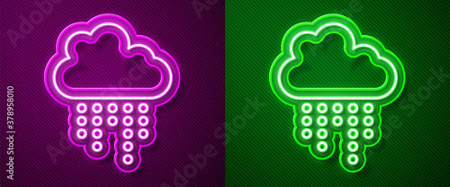 Glowing neon line Cloud with rain icon isolated on purple and green background. Rain cloud precipitation with rain drops. Vector.