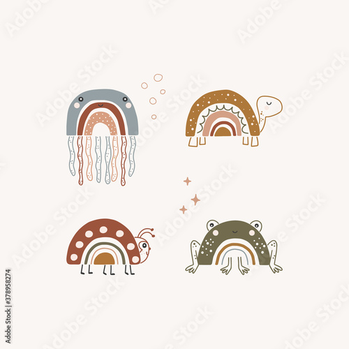 Cartoon animals illustration. The best friends are turtle, jellyfish, ladybug, frog. Vector.