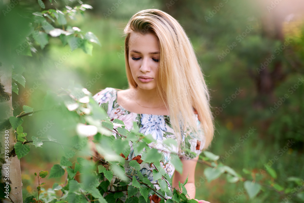 Charming girl in nature near a birch tree Charming girl in nature near a birch tree