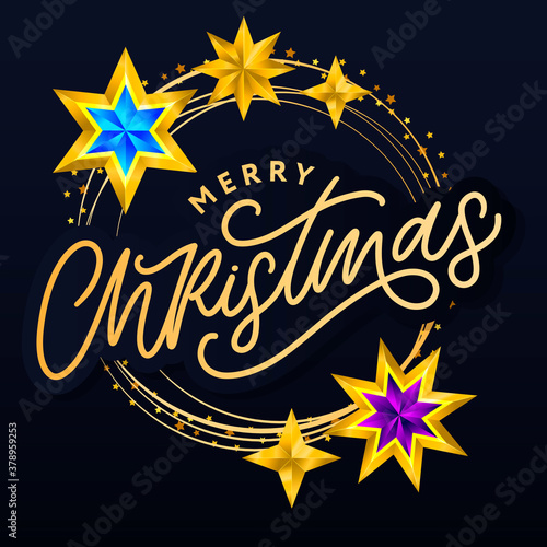 Merry Christmas card with hand drawn lettering and stars on dark background. Cute Holiday golden frame background