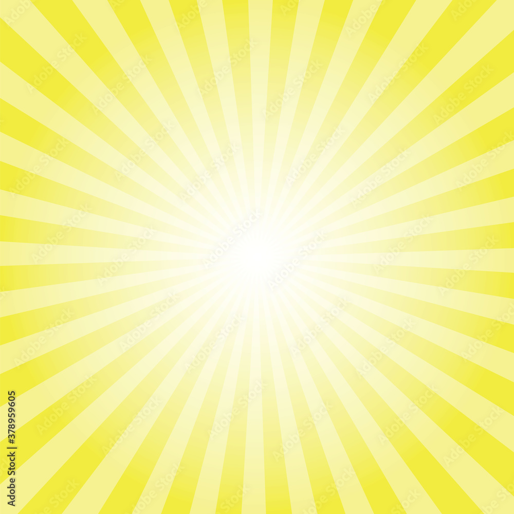 Fototapeta Sunburst background. Maximum yellow radiate sun beam burst effect. Sunbeam light flash boom. Sunrise glow burst. Solar radiance glare, retro design illustration.