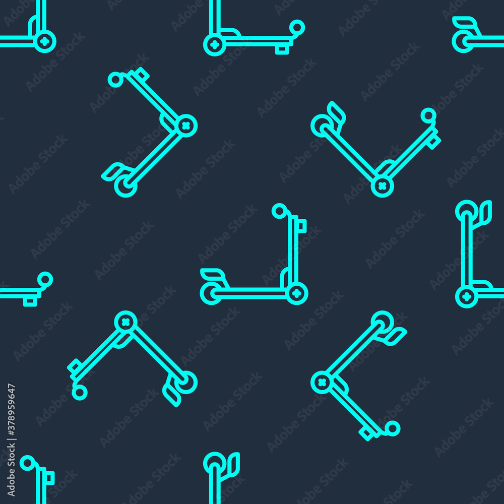 Green line Scooter icon isolated seamless pattern on blue background. Vector. Green line Scooter icon isolated seamless pattern on blue background. Vector.