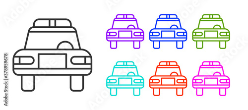 Black line Police car and police flasher icon isolated on white background. Emergency flashing siren. Set icons colorful. Vector.