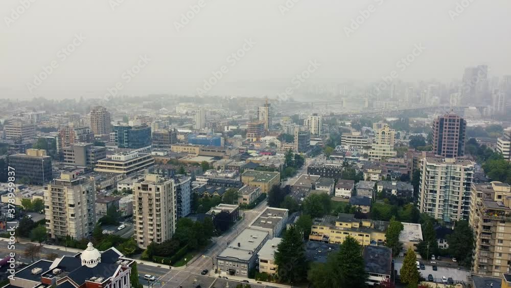 Drone shot of Vancouver bridges and downtown in smoke during wildfires in US Drone shot of Vancouver bridges and downtown in smoke during wildfires in US