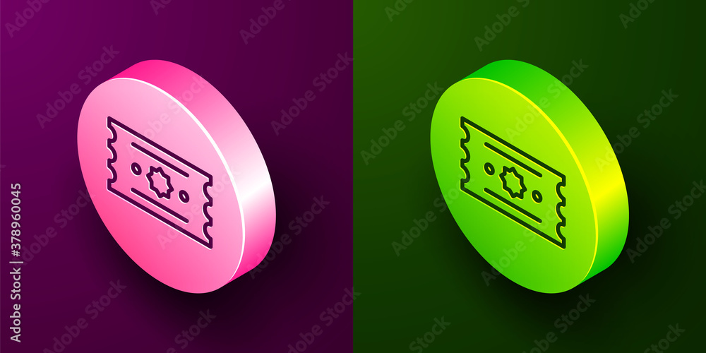 Isometric line Ticket icon isolated on purple and green background. Amusement park. Circle button. Vector. Isometric line Ticket icon isolated on purple and green background. Amusement park. Circle button. Vector.