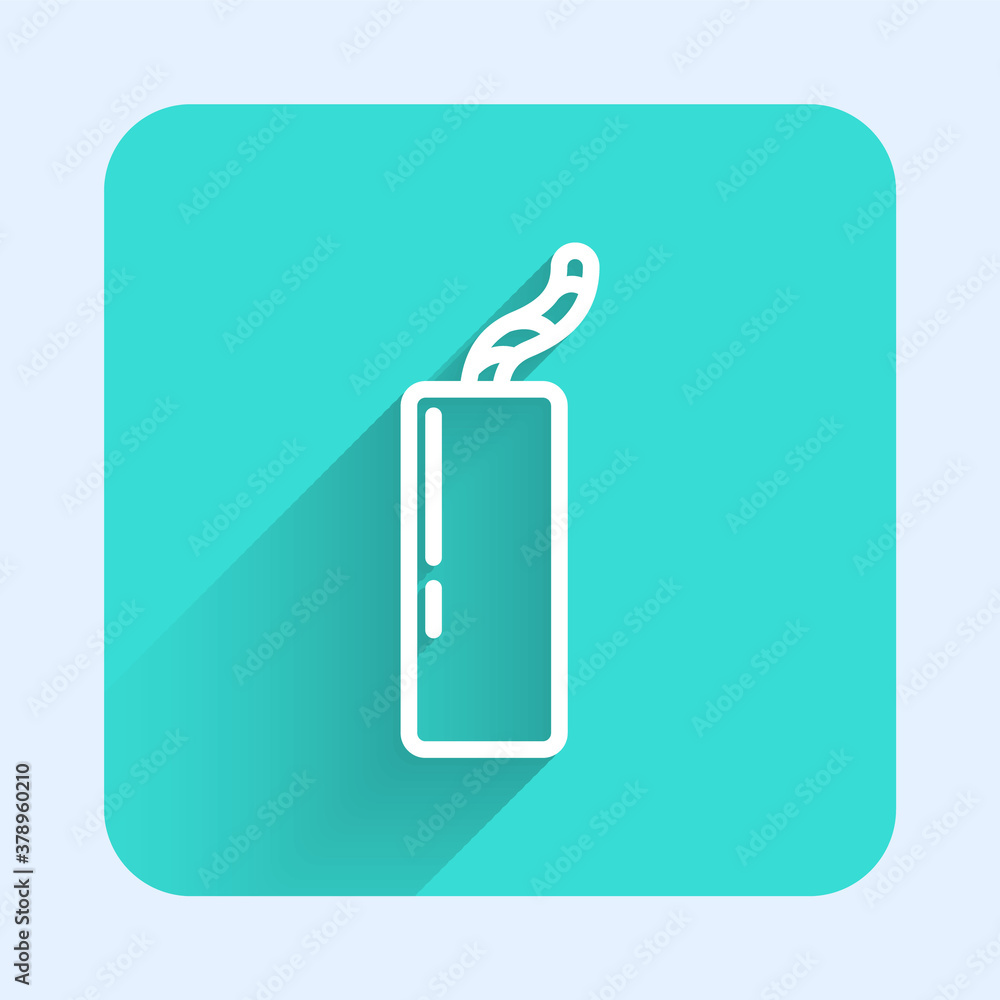 White line Detonate dynamite bomb stick and timer clock icon isolated with long shadow. Time bomb - explosion danger concept. Green square button. Vector. White line Detonate dynamite bomb stick and timer clock icon isolated with long shadow. Time bomb - explosion danger concept. Green square button. Vector.