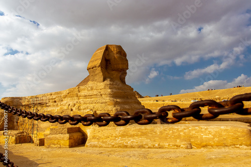 Great Sphinx of Giza with chain in the foreground in Egypt
