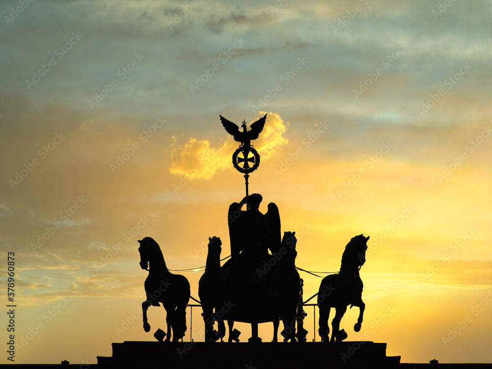 Dark silhouette impression at sunset of the Quadriga of the Brandenburg Gate in Berlin, Germany