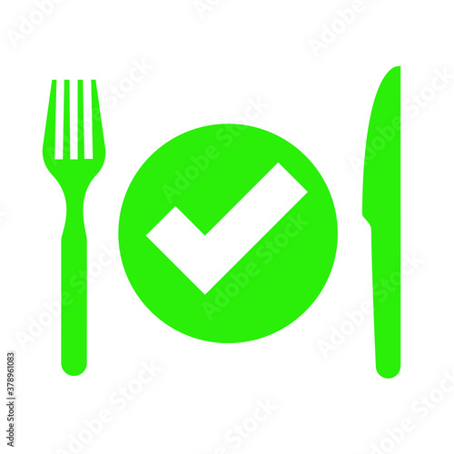 Green eco concept vegetarian Food safety, ready to eat Easy prep foods icon Funny vector logo sign for dinner, breakfast, lunch meal Healthy diet cooking Fork and knife icon Grocery good ideas service