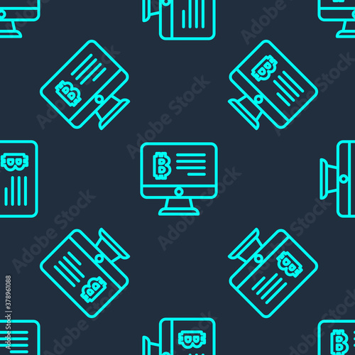 Green line Mining bitcoin from monitor icon isolated seamless pattern on blue background. Cryptocurrency mining, blockchain technology service. Vector.