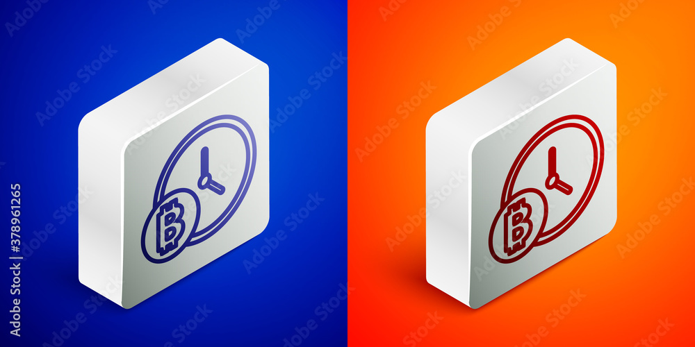 Isometric line Cryptocurrency coin Bitcoin with clock icon isolated on blue and orange background. Physical bit coin. Blockchain based secure crypto currency. Silver square button. Vector. Isometric line Cryptocurrency coin Bitcoin with clock icon isolated on blue and orange background. Physical bit coin. Blockchain based secure crypto currency. Silver square button. Vector.