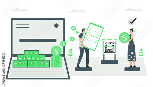 The man uses application to scan QR code for money paying. It can instead of account book directly. Minimal green monochromatic color design in e-payment concept.