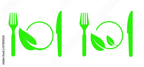 Green eco concept vegetarian Food safety, ready to eat Easy prep foods icon Funny vector logo sign for dinner, breakfast, lunch meal Healthy diet cooking Fork and knife icon Grocery good ideas service
