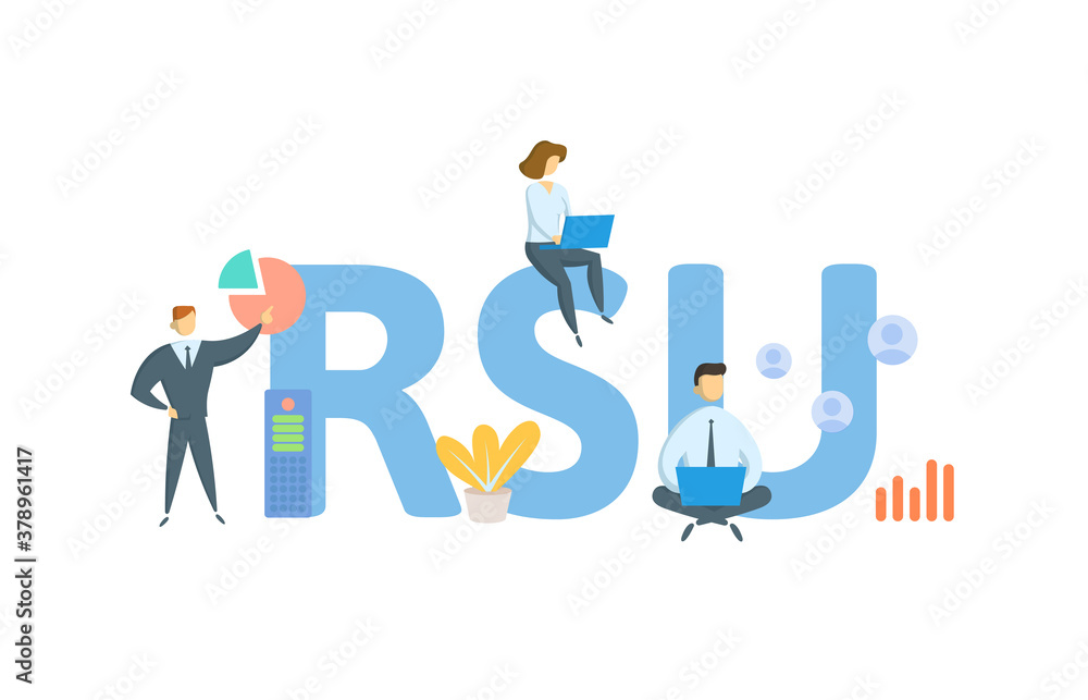 RSU, Restricted Stock Unit. Concept with keyword, people and icons. Flat vector illustration. Isolated on white. RSU, Restricted Stock Unit. Concept with keyword, people and icons. Flat vector illustration. Isolated on white.