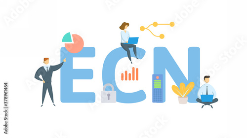 ECN, Electronic Communication Network. Concept with keyword, people and icons. Flat vector illustration. Isolated on white.