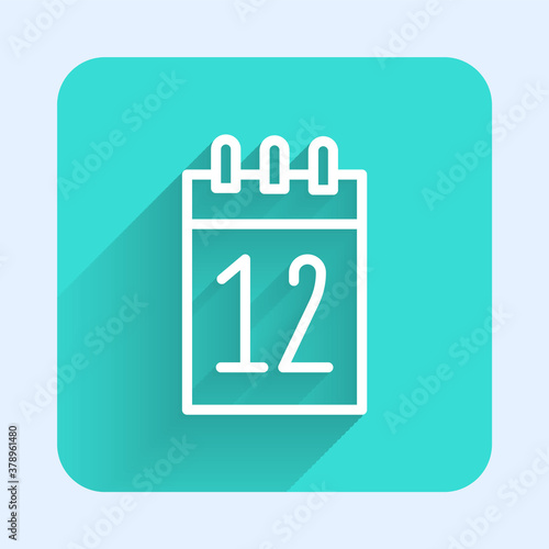 White line Calendar 12 june icon isolated with long shadow. Russian language 12 june Happy Russia Day. Green square button. Vector.