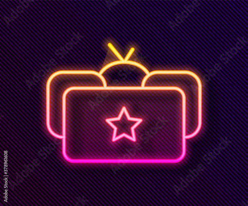 Glowing neon line Ushanka icon isolated on black background. Russian fur winter hat ushanka with star. Soviet Union uniform of KGB and NKVD. Vector.