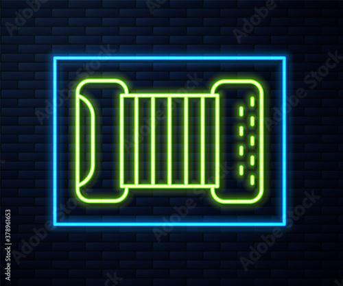 Glowing neon line Musical instrument accordion icon isolated on brick wall background. Classical bayan, harmonic. Vector.