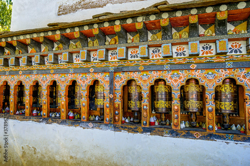 Bhutan, in the city of Thimphu, typical bhutanese prayer-mills  photo