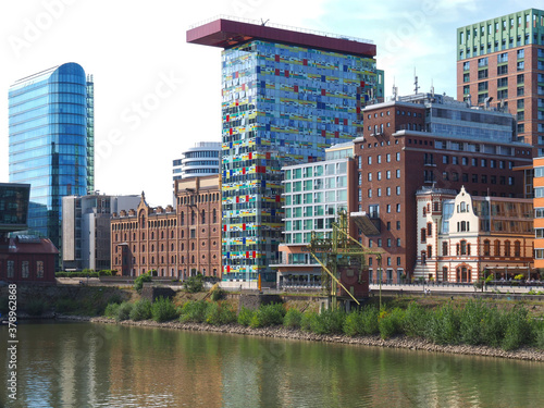 Beautiful architecture at the media harbor with a mix of old and modern buildings in Duesseldorf