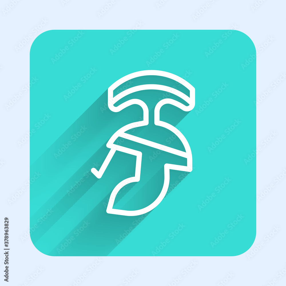 White line Roman army helmet icon isolated with long shadow. Green square button. Vector. White line Roman army helmet icon isolated with long shadow. Green square button. Vector.