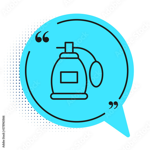 Black line Perfume icon isolated on white background. Blue speech bubble symbol. Vector.