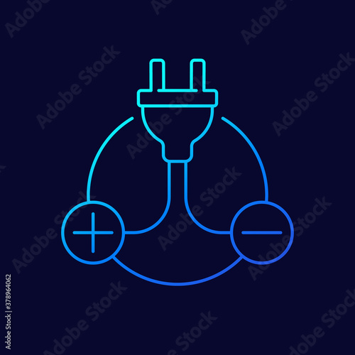 electric plug and plus, minus signs, line vector icon