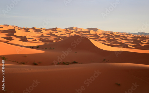 Sunset over sand dunes, Sahara, Morocco