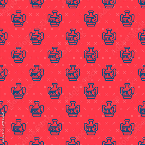 Blue line Broken ancient amphorae icon isolated seamless pattern on red background. Vector.