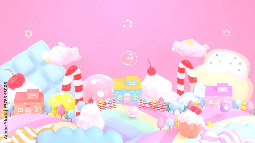 Sweet candy land with cartoon houses. 3d rendering picture.