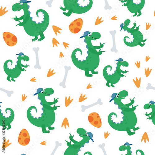 Funny seamless pattern with dinosaurs on white background. Texture with trendy characters for the design of children s textiles  Wallpaper  packaging paper. vector illustration