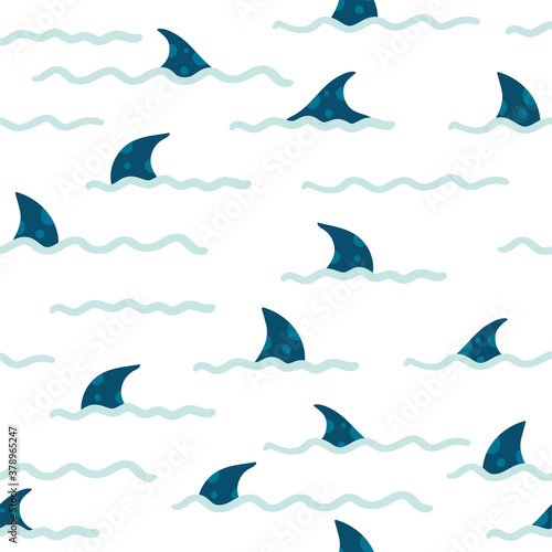 Seamless pattern with fins of sharks in cartoon style. Comic sharks emotions. Background with funny sea colors for children s room design  textiles  Wallpaper  digital paper. Vector illustration