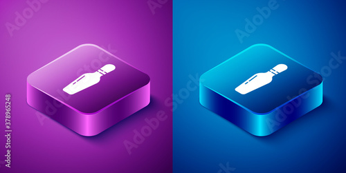 Isometric Bowling pin icon isolated on blue and purple background. Square button. Vector Illustration.