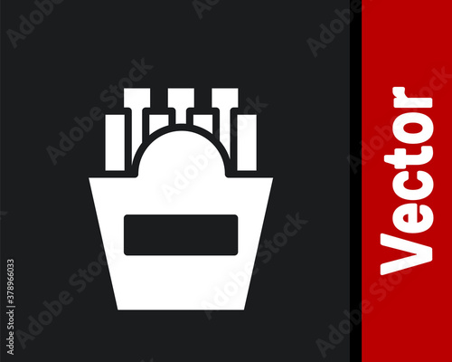 White Potatoes french fries in carton package box icon isolated on black background. Fast food menu. Vector Illustration.