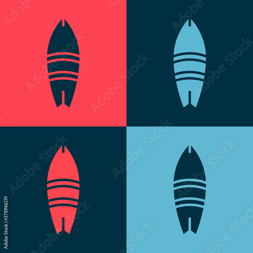 Pop art Surfboard icon isolated on color background. Surfing board. Extreme sport. Sport equipment. Vector Illustration.