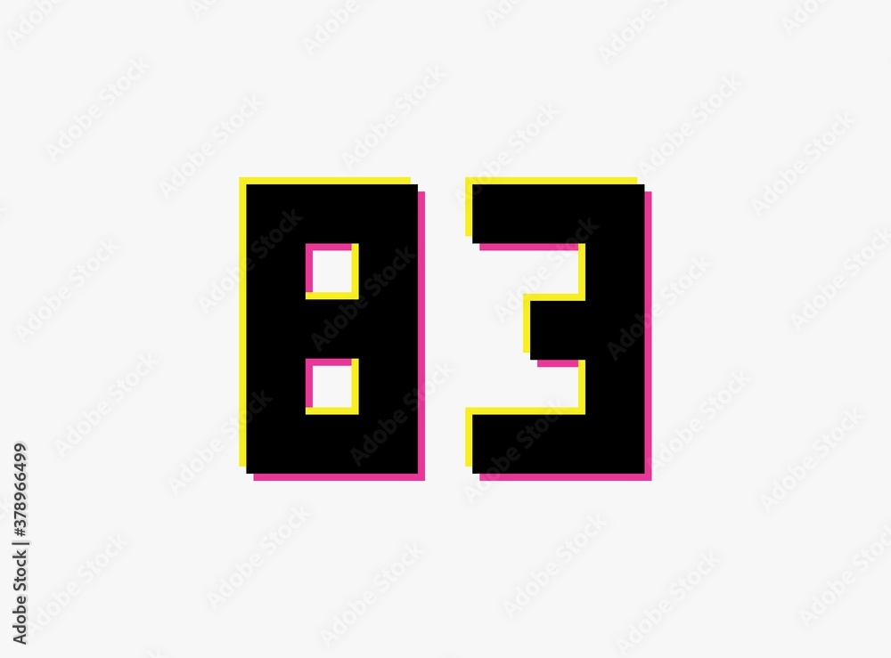 Fototapeta premium Number 83 vector desing logo. Dynamic, split-color, shadow of number pink and yellow on white background. For social media,design elements, creative poster, anniversary celebration, greeting etc.