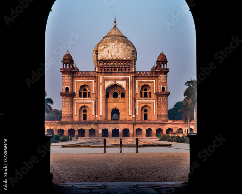 A mesmerizing view of safdarjung tomb memorial from the main gate,entrance at winter morning. photo
