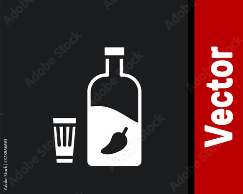 White Vodka with pepper and glass icon isolated on black background. Ukrainian national alcohol. Vector Illustration.