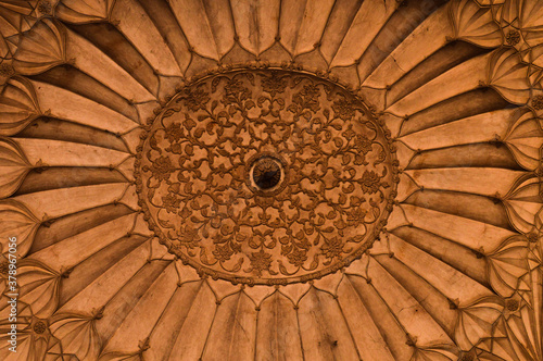 Design and architecture with marble sandstone inside the safadarjung tomb memorial at foggy winter morning.