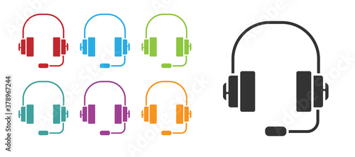 Black Headphones icon isolated on white background. Support customer service, hotline, call center, faq, maintenance. Set icons colorful. Vector Illustration.