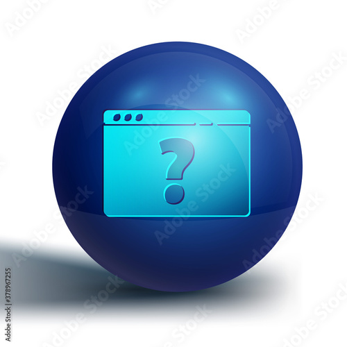 Blue Browser with question mark icon isolated on white background. Internet communication protocol. Blue circle button. Vector Illustration.