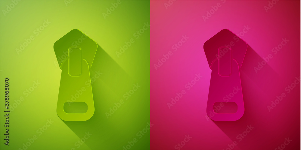 Paper cut Zipper icon isolated on green and pink background. Paper art style. Vector Illustration. Paper cut Zipper icon isolated on green and pink background. Paper art style. Vector Illustration.