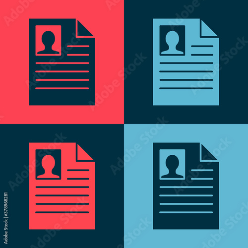 Pop art Resume icon isolated on color background. CV application. Searching professional staff. Analyzing personnel resume. Vector Illustration.