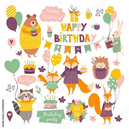 Set with forest wild animals in cartoon style and design elements balloons, cakes, candles, lettering, garland, gifts for birthday greeting cards and invitations. Vector illustration