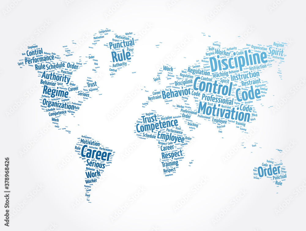 Discipline word cloud in shape of world map, concept background Discipline word cloud in shape of world map, concept background